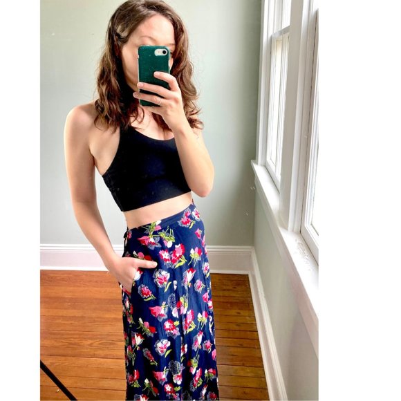 Vintage 90s Floral Navy Blue Hot Pink Cottagecore Grunge Flutter Maxi Skirt 12 - Picture 3 of 8